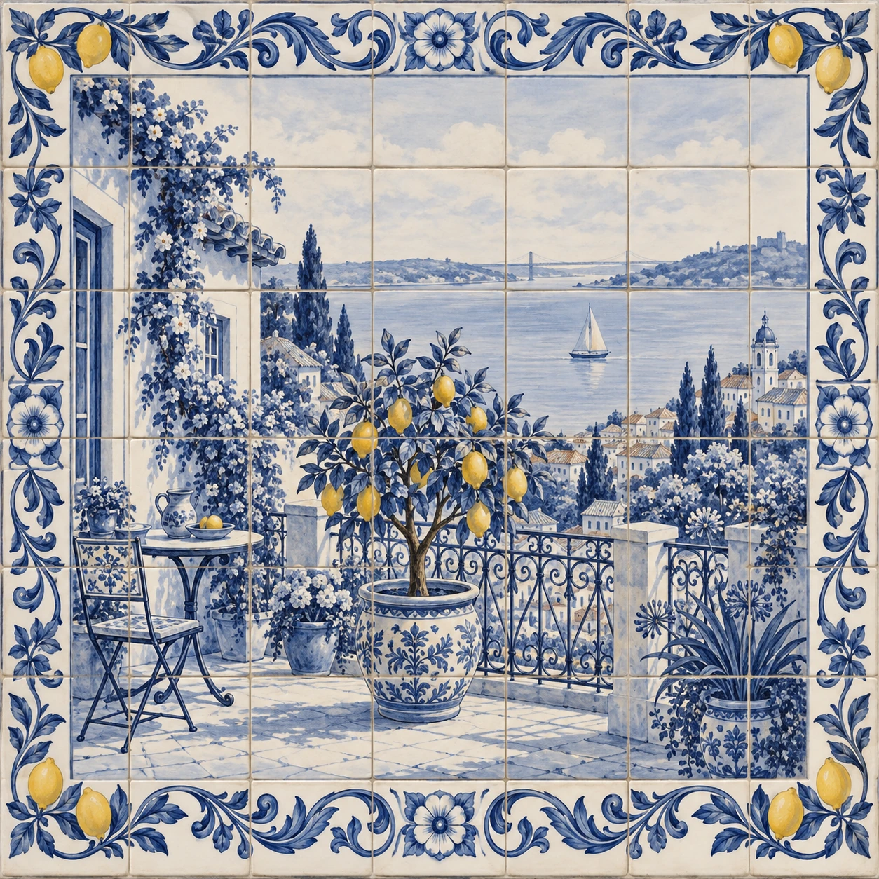 A lemon tree, small table and blue-painted terrace overlook river rooftops across an ivory ceramic tile grid.