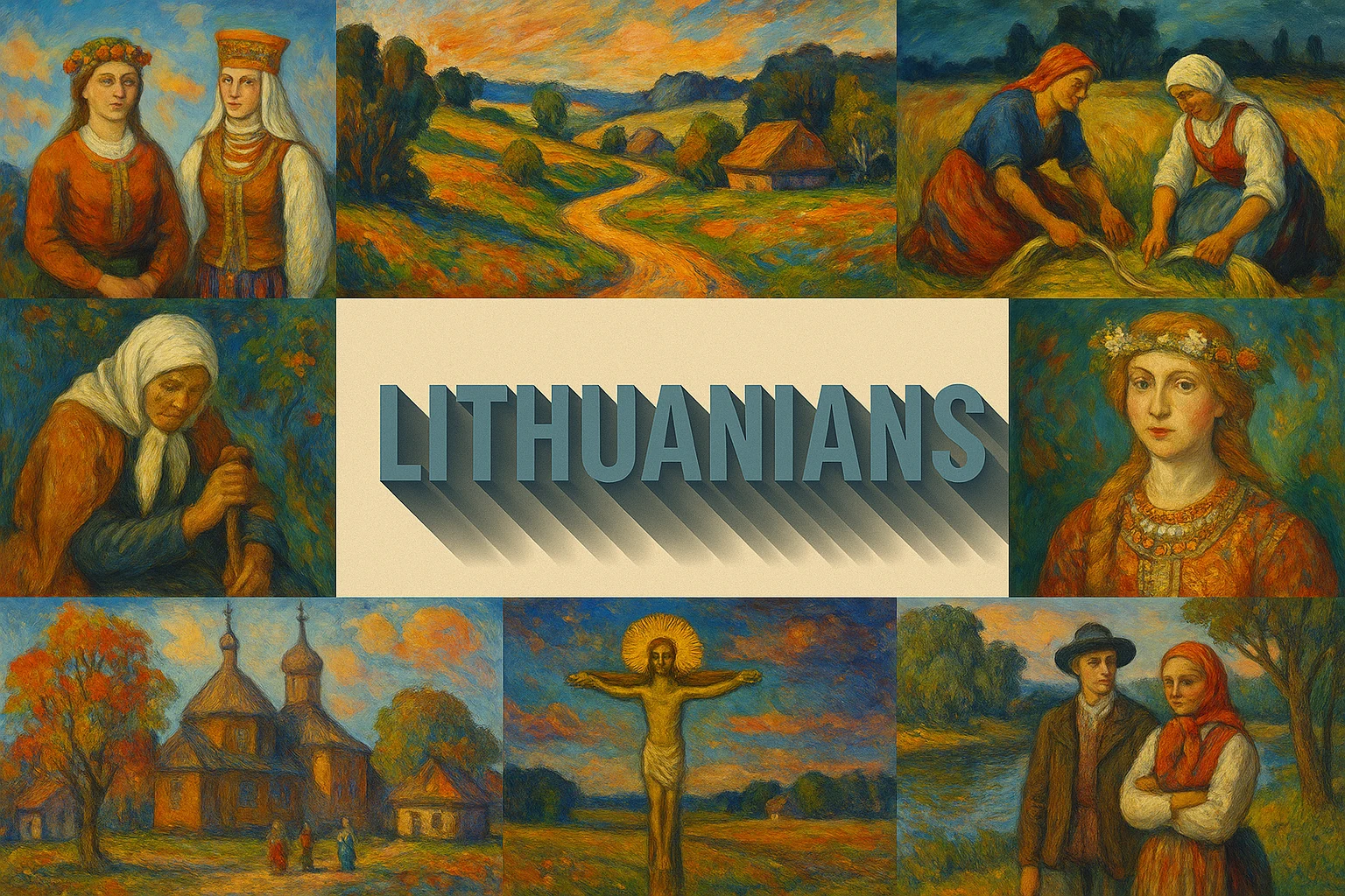 Archive collage of invented rural portraits, harvesting, a church and a devotional figure, labelled Lithuanians.
