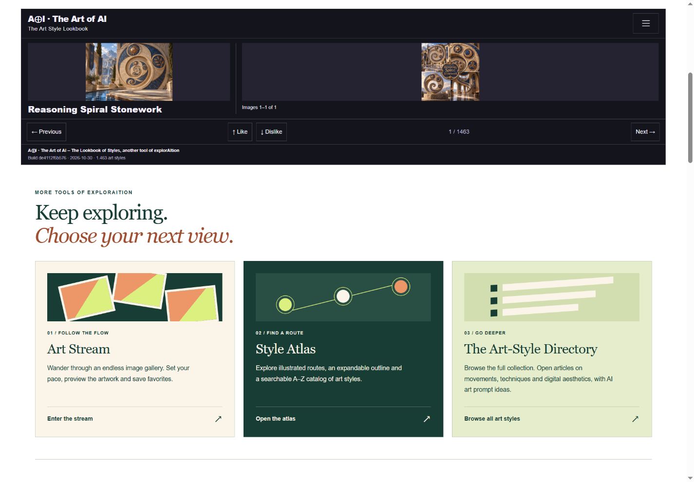 Compact Style Lookbook in the dark Glitched art presentation theme, showing two images and the style title above Like, Dislike and navigation buttons.