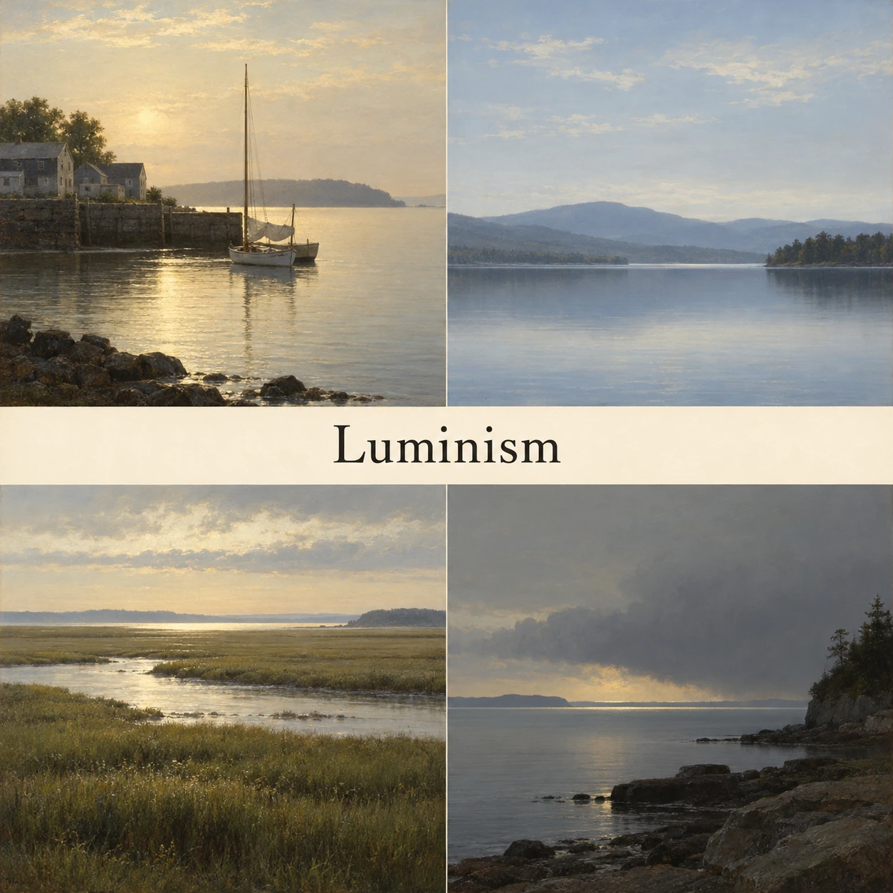 A quiet harbor, blue-gray lake, marsh channel and dark coastal weather surround the centered word Luminism.