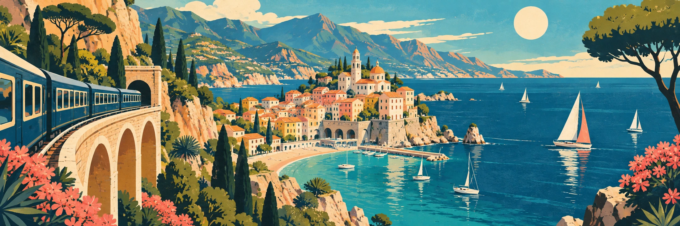A train curves toward a terracotta coastal town beside teal water, sailboats and distant mountains.