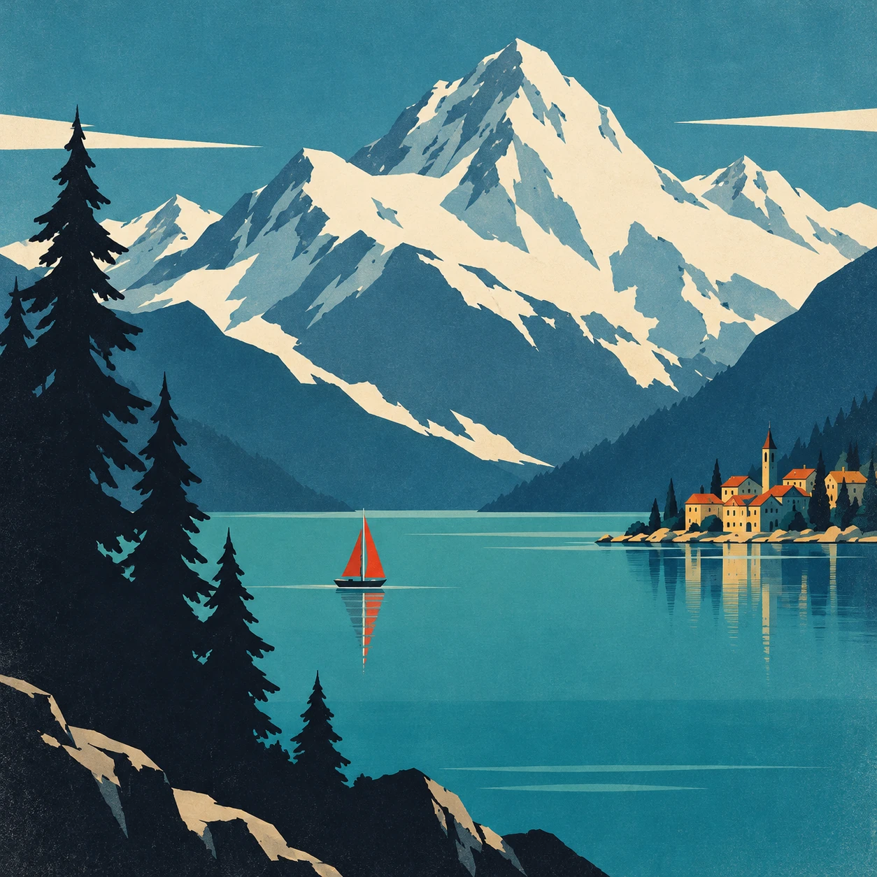 A small red sailboat contrasts with teal water beneath a large pale mountain and dark framing trees.