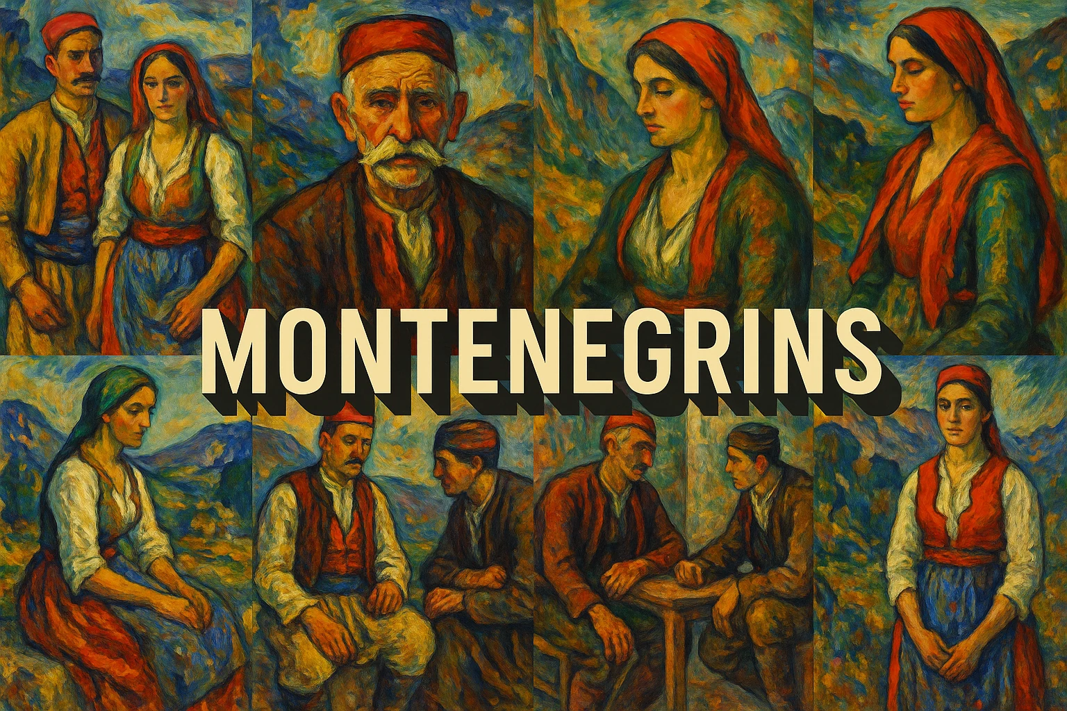 Archive collage of invented portraits in red caps and headscarves against blue-green mountain scenery.