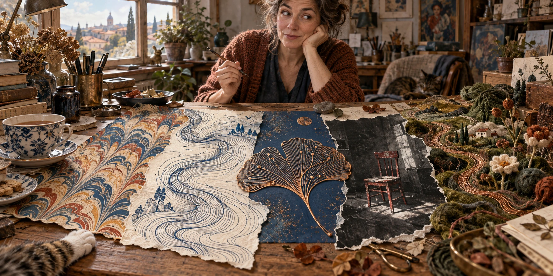 Penny at a sunlit desk with marbled paper, flowing blue lines, a copper leaf, a distressed chair print and a miniature textile garden