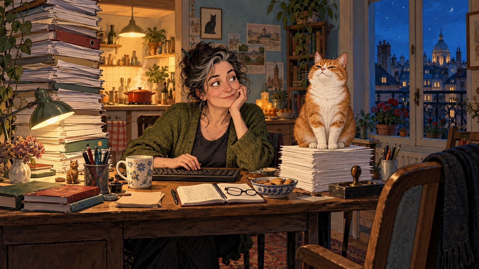 Penny at her desk with a ginger-and-white cat, a leaning tower of forms and a warm kitchen beyond