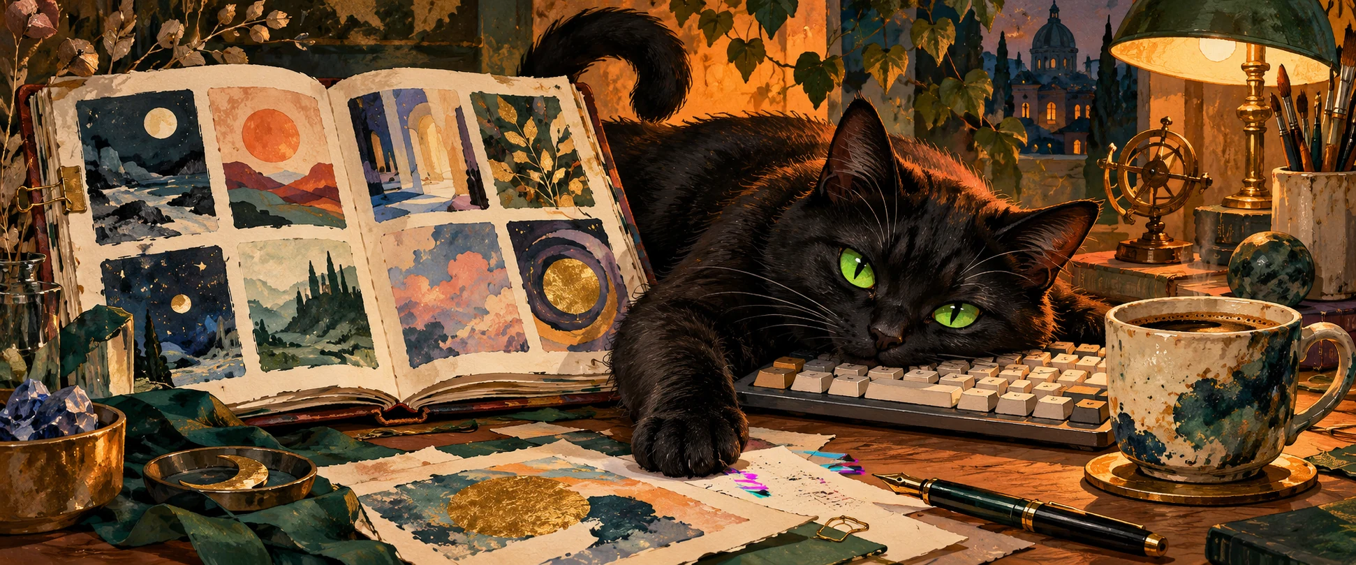 Black cat with green eyes sprawled across a keyboard beside an open art scrapbook, coffee and a fountain pen.