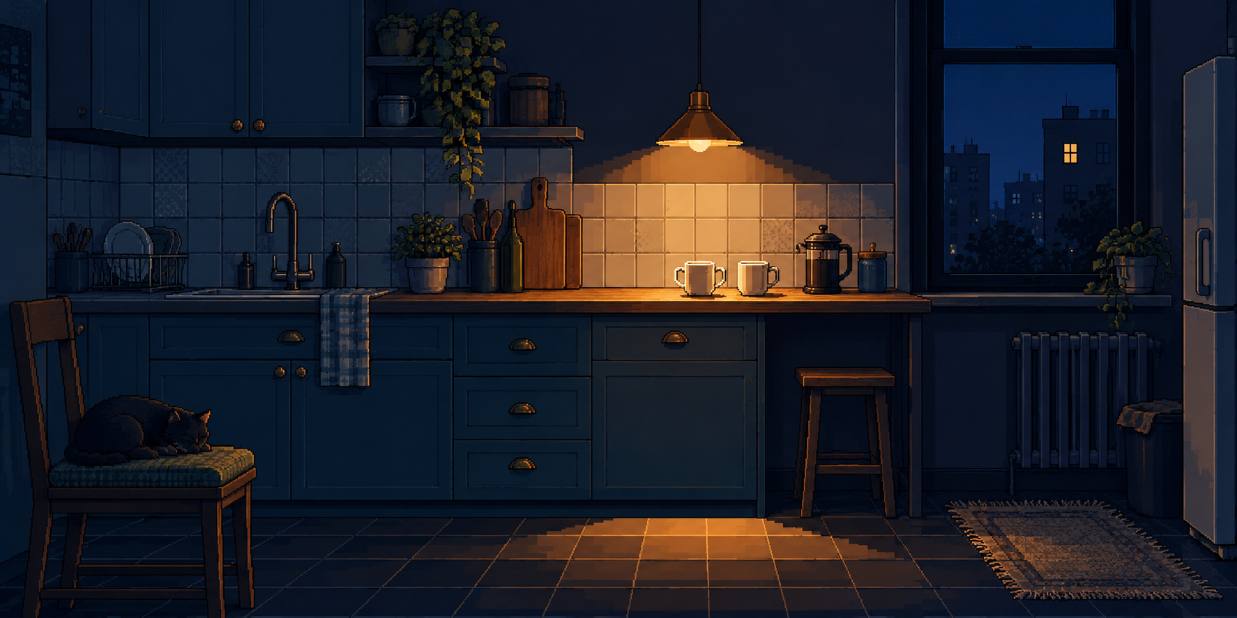 Two cream mugs sit beneath amber light in a blue night kitchen, with a sleeping cat on a chair and one lit window outside.