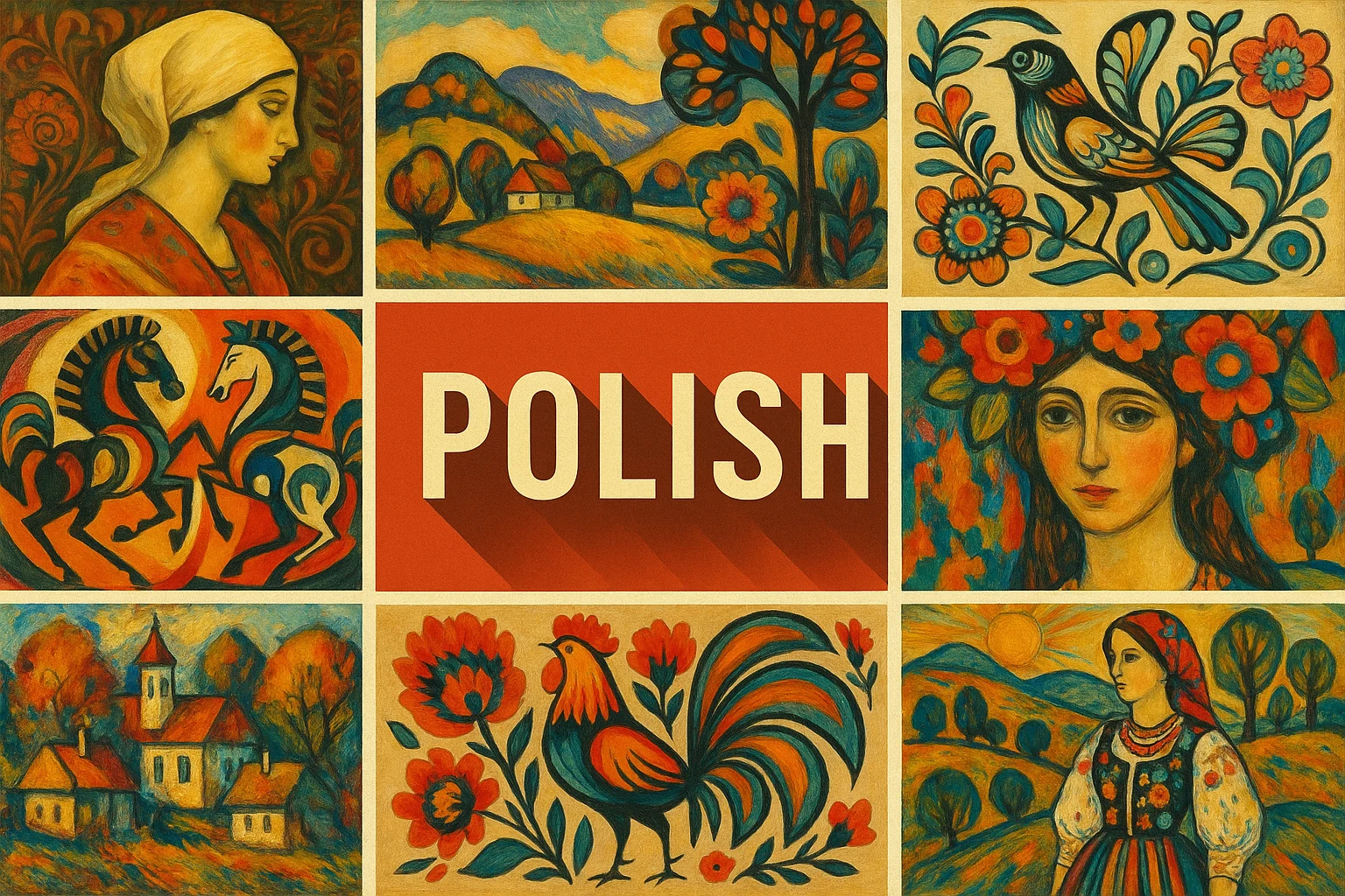 Archive collage of invented portraits, cottages, ornamental flowers, horses and birds, labelled Polish.