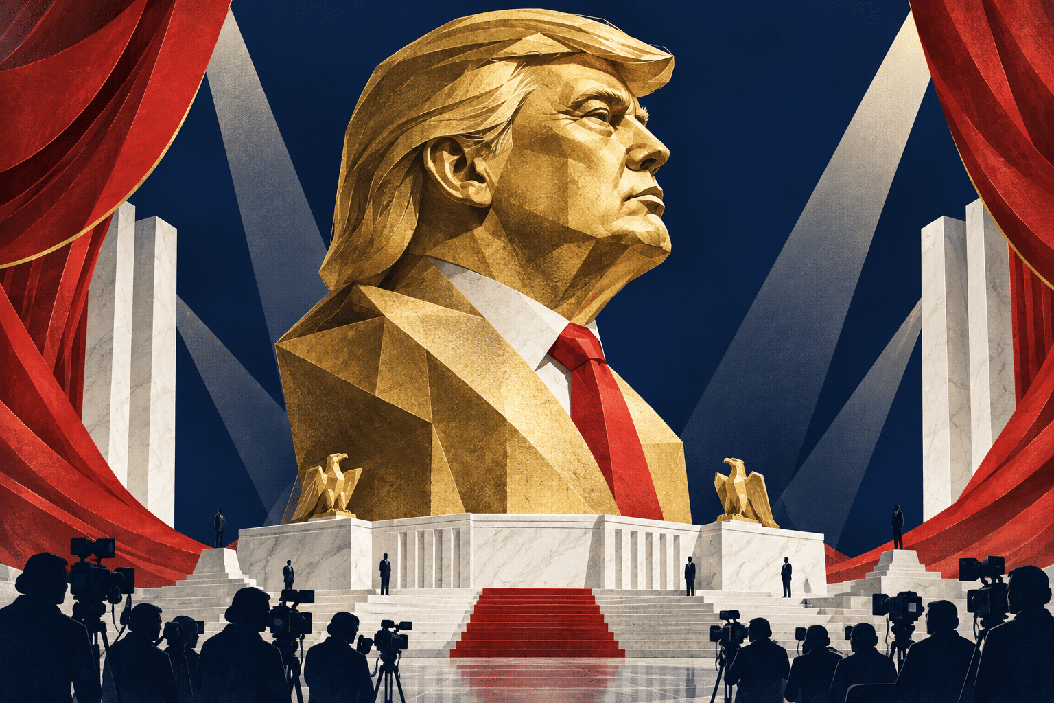 AI-generated editorial illustration of a monumental faceted gold Trump bust above a marble-like stage, with red drapery and small dark camera silhouettes.