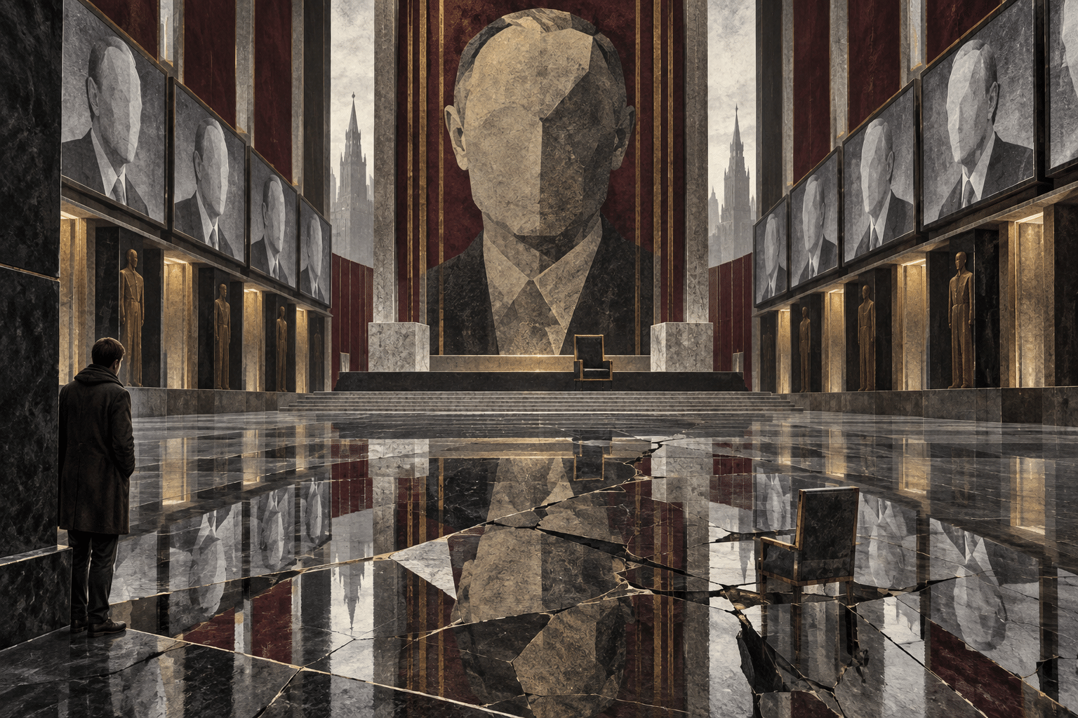 An invented axial ceremonial hall and abstract portrait plane, interrupted by a broken reflection and one small unframed observer.