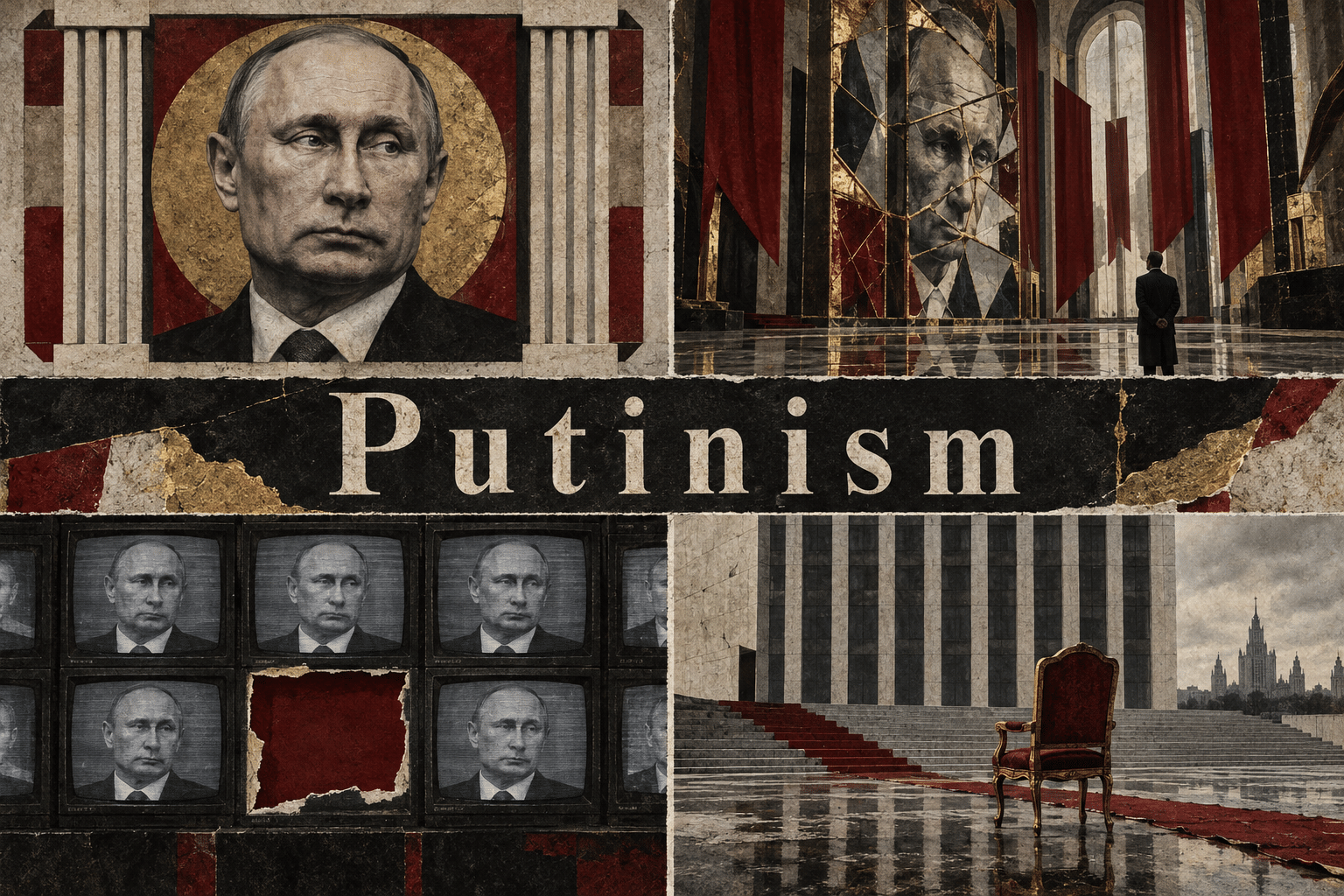 Putinism collage: four illustrative studies with the complete title centered.