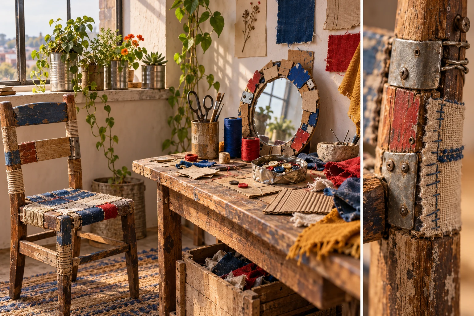 Repaired chair, plants in reused tins, a craft table and a close-up of cloth and metal joins.