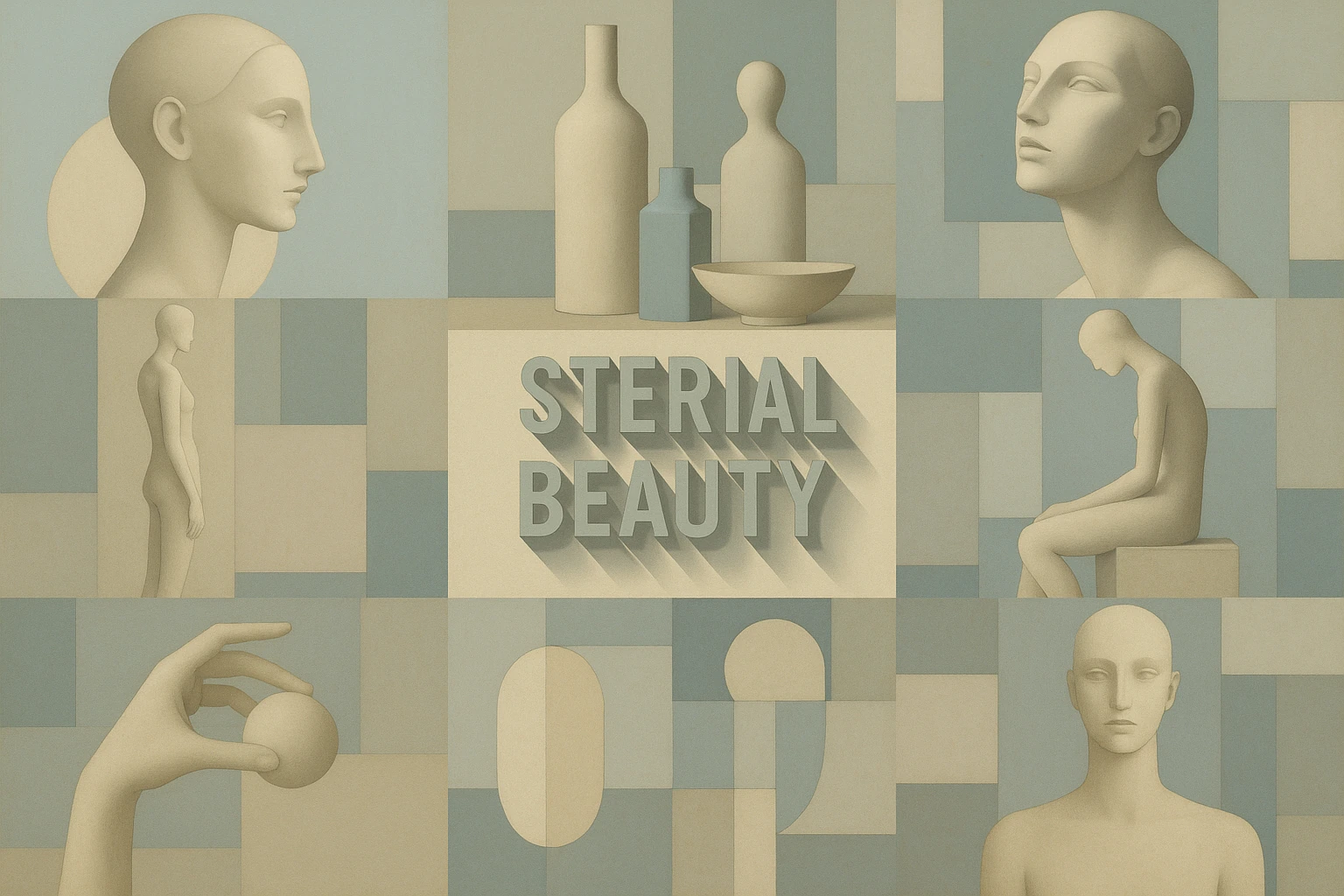 Pale geometric figures, vessels and faces surround the centered words Sterial Beauty.