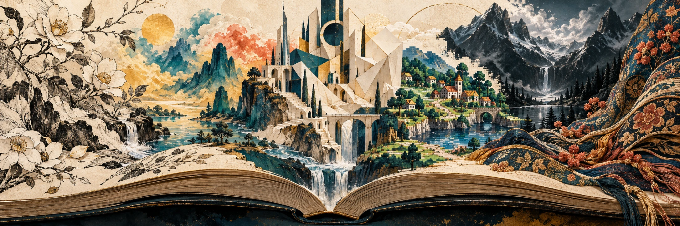 An open illustrated book unfolds into botanical drawing, painted landscape, geometric architecture, pixels, mountains and woven ornament.