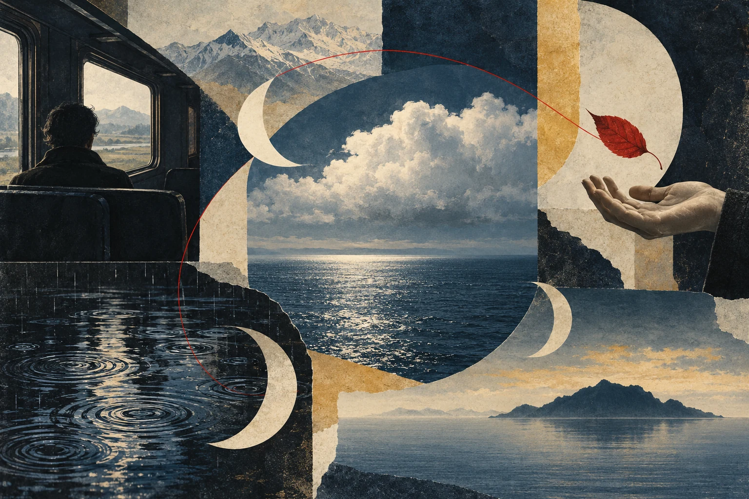 Collage joining a train traveller, mountain, sea, hand and red leaf through repeated curves and a fine red line.