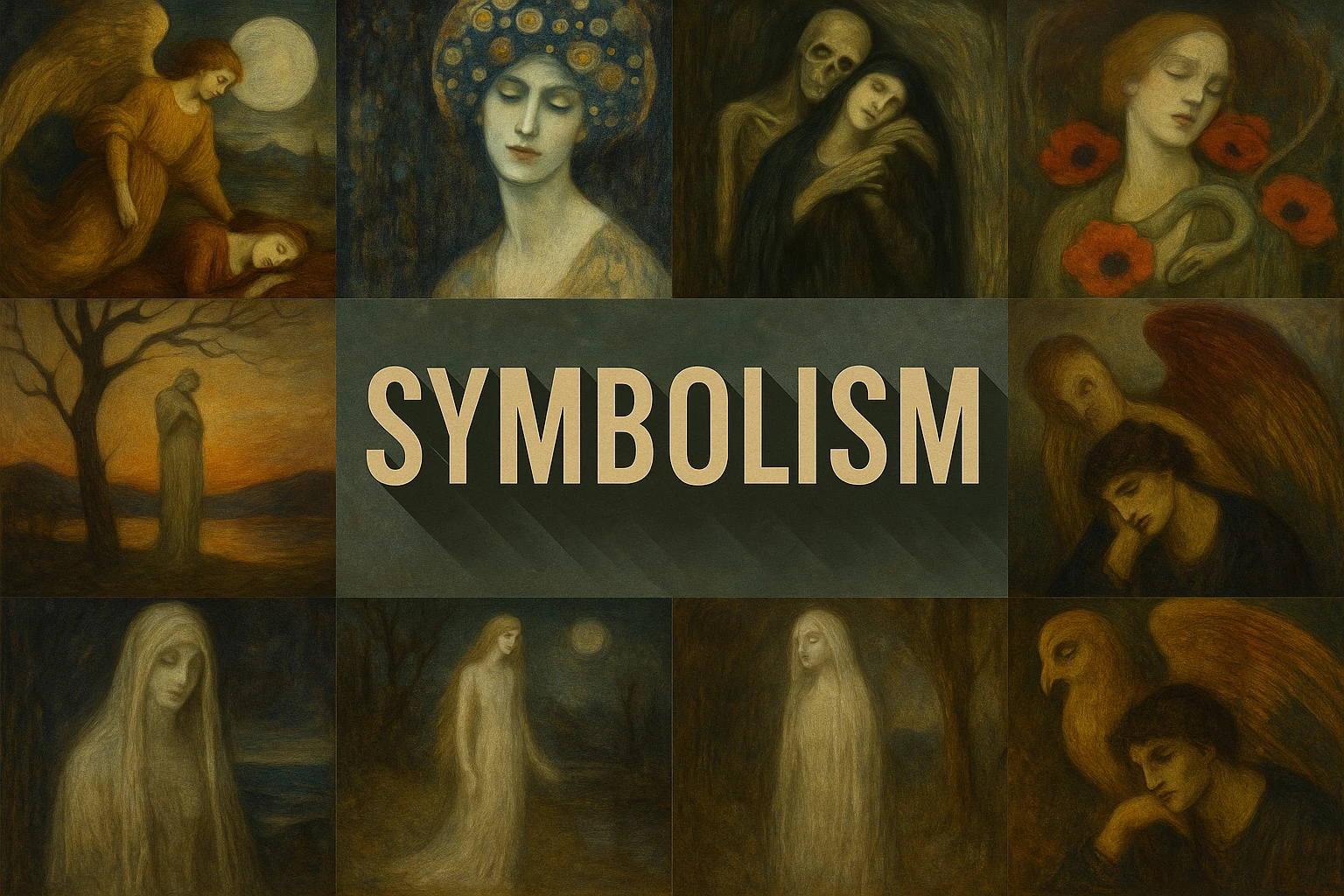 Dreamlike figures, flowers and birds surround the centered word Symbolism.